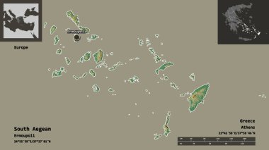 Güney Ege 'nin şekli, Yunanistan' ın merkezi yönetimleri ve başkenti. Uzaklık ölçeği, ön gösterimler ve etiketler. Topografik yardım haritası. 3B görüntüleme