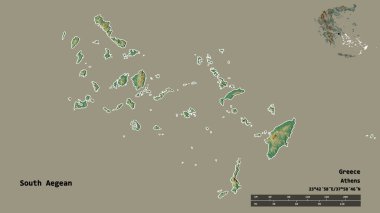 Güney Ege 'nin şekli, Yunanistan' ın merkeziyetçilikten arındırılmış yönetimi, sermayesi sağlam arka planda izole edilmiş. Uzaklık ölçeği, bölge önizlemesi ve etiketleri. Topografik yardım haritası. 3B görüntüleme