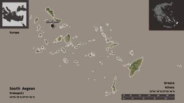 Güney Ege 'nin şekli, Yunanistan' ın merkezi yönetimleri ve başkenti. Uzaklık ölçeği, ön gösterimler ve etiketler. Uydu görüntüleri. 3B görüntüleme