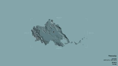 Teselya Bölgesi, Yunanistan 'ın merkezi olmayan yönetimi, Gürcistan' a ait bir sınır kutusunda sağlam bir arka planda izole edilmiş. Etiketler. Renkli yükseklik haritası. 3B görüntüleme