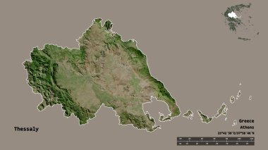 Yunanistan 'ın merkezi olmayan Teselya' nın şekli, sermayesi sağlam arka planda izole edilmiş. Uzaklık ölçeği, bölge önizlemesi ve etiketleri. Uydu görüntüleri. 3B görüntüleme