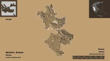 Batı Yunanistan 'ın şekli, Yunanistan' ın ademi merkeziyeti ve başkenti. Uzaklık ölçeği, ön gösterimler ve etiketler. Renkli yükseklik haritası. 3B görüntüleme