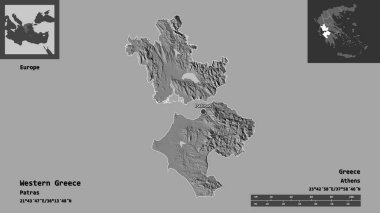 Batı Yunanistan 'ın şekli, Yunanistan' ın ademi merkeziyeti ve başkenti. Uzaklık ölçeği, ön gösterimler ve etiketler. Çift seviyeli yükseklik haritası. 3B görüntüleme