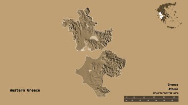 Batı Yunanistan 'ın şekli, Yunanistan' ın ademi merkeziyeti, sermayesi sağlam arka planda izole edilmiş. Uzaklık ölçeği, bölge önizlemesi ve etiketleri. Renkli yükseklik haritası. 3B görüntüleme
