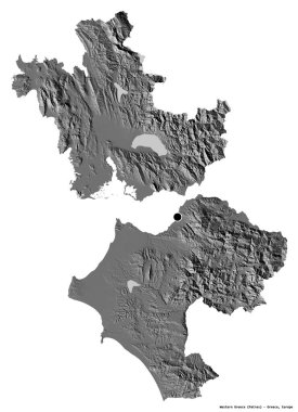 Batı Yunanistan 'ın şekli, Yunanistan' ın merkeziyetçilikten arındırılmış yönetimi, başkenti beyaz arka planda izole edilmiş. Çift seviyeli yükseklik haritası. 3B görüntüleme
