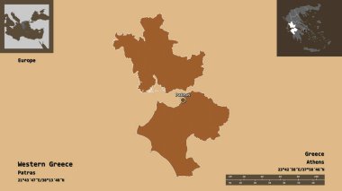 Batı Yunanistan 'ın şekli, Yunanistan' ın ademi merkeziyeti ve başkenti. Uzaklık ölçeği, ön gösterimler ve etiketler. Desenli dokuların bileşimi. 3B görüntüleme