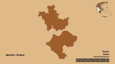 Batı Yunanistan 'ın şekli, Yunanistan' ın ademi merkeziyeti, sermayesi sağlam arka planda izole edilmiş. Uzaklık ölçeği, bölge önizlemesi ve etiketleri. Desenli dokuların bileşimi. 3B görüntüleme