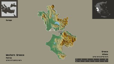 Batı Yunanistan 'ın şekli, Yunanistan' ın ademi merkeziyeti ve başkenti. Uzaklık ölçeği, ön gösterimler ve etiketler. Topografik yardım haritası. 3B görüntüleme