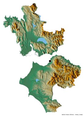 Batı Yunanistan 'ın şekli, Yunanistan' ın merkeziyetçilikten arındırılmış yönetimi, başkenti beyaz arka planda izole edilmiş. Topografik yardım haritası. 3B görüntüleme