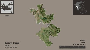 Batı Yunanistan 'ın şekli, Yunanistan' ın ademi merkeziyeti ve başkenti. Uzaklık ölçeği, ön gösterimler ve etiketler. Uydu görüntüleri. 3B görüntüleme