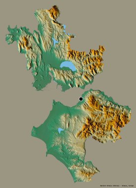 Batı Yunanistan 'ın şekli, Yunanistan' ın ademi merkeziyetçilikten arındırılmış yönetimi, sermayesi katı renk arka planında izole edilmiş. Topografik yardım haritası. 3B görüntüleme