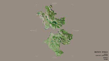 Batı Yunanistan 'ın bir bölgesi, Yunanistan' ın ademi merkeziyetçilikten arındırılmış yönetimi, bir sınır kutusunda sağlam bir arka planda izole edilmiş. Etiketler. Uydu görüntüleri. 3B görüntüleme