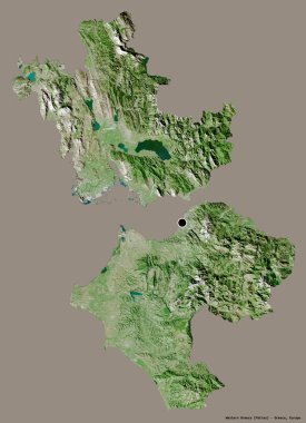 Batı Yunanistan 'ın şekli, Yunanistan' ın ademi merkeziyetçilikten arındırılmış yönetimi, sermayesi katı renk arka planında izole edilmiş. Uydu görüntüleri. 3B görüntüleme