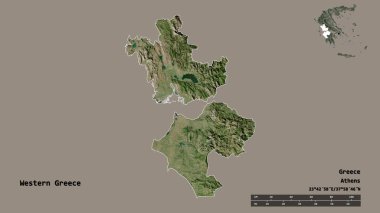 Batı Yunanistan 'ın şekli, Yunanistan' ın ademi merkeziyeti, sermayesi sağlam arka planda izole edilmiş. Uzaklık ölçeği, bölge önizlemesi ve etiketleri. Uydu görüntüleri. 3B görüntüleme