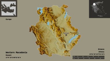 Batı Makedonya 'nın şekli, Yunanistan' ın ademi merkeziyeti ve başkenti. Uzaklık ölçeği, ön gösterimler ve etiketler. Topografik yardım haritası. 3B görüntüleme