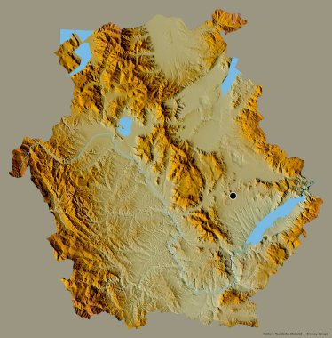 Batı Makedonya 'nın şekli, Yunanistan' ın merkeziyetçilikten arındırılmış yönetimi ve sermayesi sağlam bir renk arkaplanına sahip. Topografik yardım haritası. 3B görüntüleme