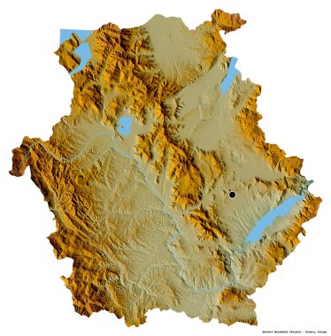 Batı Makedonya 'nın şekli, Yunanistan' ın merkeziyetçilikten arındırılmış yönetimi ve başkenti beyaz arka planda izole edilmiş. Topografik yardım haritası. 3B görüntüleme
