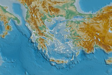 Yunanistan 'ın ülke sınırları, uluslararası ve bölgesel sınırları olan geniş bir bölgesi. Topografik yardım haritası. 3B görüntüleme