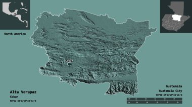Guatemala Bölümü 'nden Alta Verapaz ve başkenti. Uzaklık ölçeği, ön gösterimler ve etiketler. Renkli yükseklik haritası. 3B görüntüleme