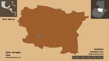 Guatemala Bölümü 'nden Alta Verapaz ve başkenti. Uzaklık ölçeği, ön gösterimler ve etiketler. Desenli dokuların bileşimi. 3B görüntüleme