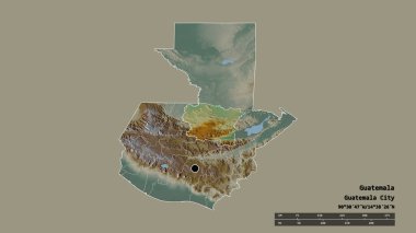 Başkenti, ana bölgesel bölümü ve ayrılmış Alta Verapaz bölgesi ile Guatemala 'nın dejenere edilmiş şekli. Etiketler. Topografik yardım haritası. 3B görüntüleme