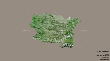 Guatemala Bölgesi 'nden Alta Verapaz. Sağlam bir arka planda bir sınır kutusunda izole edilmiş. Etiketler. Uydu görüntüleri. 3B görüntüleme