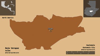 Baja Verapaz 'ın şekli, Guatemala Bölümü ve başkenti. Uzaklık ölçeği, ön gösterimler ve etiketler. Desenli dokuların bileşimi. 3B görüntüleme