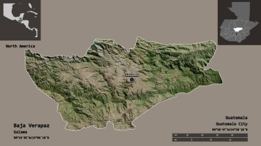 Baja Verapaz 'ın şekli, Guatemala Bölümü ve başkenti. Uzaklık ölçeği, ön gösterimler ve etiketler. Uydu görüntüleri. 3B görüntüleme