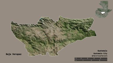 Baja Verapaz 'ın şekli, Guatemala departmanı, sermayesi sağlam arka planda izole edilmiş. Uzaklık ölçeği, bölge önizlemesi ve etiketleri. Uydu görüntüleri. 3B görüntüleme
