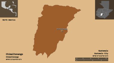 Chimaltenango Şekli, Guatemala Bölümü ve başkenti. Uzaklık ölçeği, ön gösterimler ve etiketler. Desenli dokuların bileşimi. 3B görüntüleme