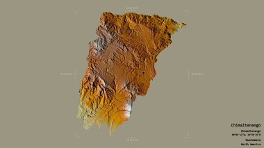 Chimaltenango bölgesi, Guatemala departmanı, sağlam bir arka planda izole edilmiş bir sınır kutusunda. Etiketler. Topografik yardım haritası. 3B görüntüleme