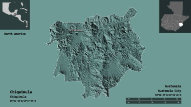 Chiquimula Şekli, Guatemala Departmanı ve başkenti. Uzaklık ölçeği, ön gösterimler ve etiketler. Renkli yükseklik haritası. 3B görüntüleme
