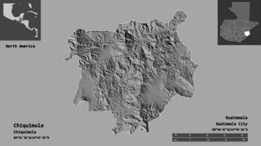 Chiquimula Şekli, Guatemala Departmanı ve başkenti. Uzaklık ölçeği, ön gösterimler ve etiketler. Çift seviyeli yükseklik haritası. 3B görüntüleme