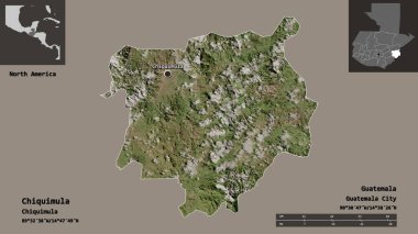 Chiquimula Şekli, Guatemala Departmanı ve başkenti. Uzaklık ölçeği, ön gösterimler ve etiketler. Uydu görüntüleri. 3B görüntüleme