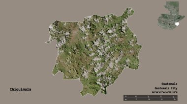 Guatemala Bölümü 'nün başkenti Chiquimula' nın katı arka planda izole edilmiş hali. Uzaklık ölçeği, bölge önizlemesi ve etiketleri. Uydu görüntüleri. 3B görüntüleme