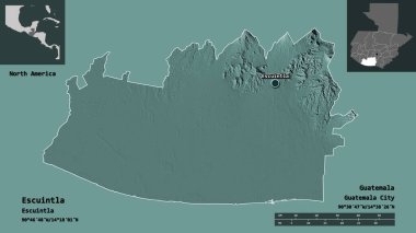 Escuintla 'nın şekli, Guatemala Bölümü ve başkenti. Uzaklık ölçeği, ön gösterimler ve etiketler. Renkli yükseklik haritası. 3B görüntüleme