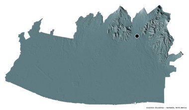 Escuintla 'nın şekli, Guatemala departmanı, başkenti beyaz arka planda izole edilmiş. Renkli yükseklik haritası. 3B görüntüleme
