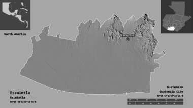 Escuintla 'nın şekli, Guatemala Bölümü ve başkenti. Uzaklık ölçeği, ön gösterimler ve etiketler. Çift seviyeli yükseklik haritası. 3B görüntüleme