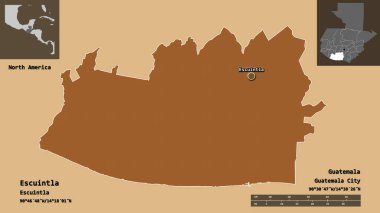 Escuintla 'nın şekli, Guatemala Bölümü ve başkenti. Uzaklık ölçeği, ön gösterimler ve etiketler. Desenli dokuların bileşimi. 3B görüntüleme