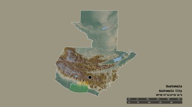 Başkenti, ana bölgesel bölümü ve bölünmüş Escuintla bölgesi ile Guatemala 'nın dejenere edilmiş şekli. Etiketler. Topografik yardım haritası. 3B görüntüleme
