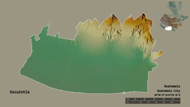 Escuintla 'nın şekli, Guatemala departmanı, sermayesi sağlam arka planda izole edilmiş. Uzaklık ölçeği, bölge önizlemesi ve etiketleri. Topografik yardım haritası. 3B görüntüleme