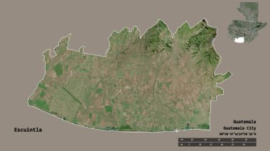 Escuintla 'nın şekli, Guatemala departmanı, sermayesi sağlam arka planda izole edilmiş. Uzaklık ölçeği, bölge önizlemesi ve etiketleri. Uydu görüntüleri. 3B görüntüleme