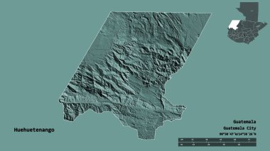 Huehuetenango 'nun şekli, Guatemala departmanı, sermayesi sağlam arka planda izole edilmiş. Uzaklık ölçeği, bölge önizlemesi ve etiketleri. Renkli yükseklik haritası. 3B görüntüleme