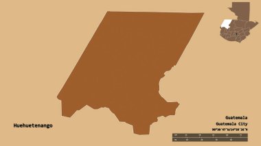 Huehuetenango 'nun şekli, Guatemala departmanı, sermayesi sağlam arka planda izole edilmiş. Uzaklık ölçeği, bölge önizlemesi ve etiketleri. Desenli dokuların bileşimi. 3B görüntüleme