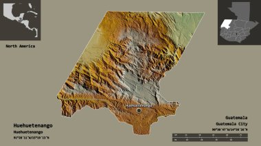Huehuetenango 'nun şekli, Guatemala Bölümü ve başkenti. Uzaklık ölçeği, ön gösterimler ve etiketler. Topografik yardım haritası. 3B görüntüleme