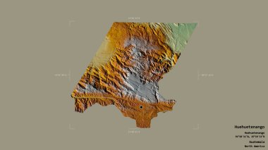 Huehuetenango bölgesi, Guatemala departmanı, sağlam bir arka planda izole edilmiş bir sınır kutusunda. Etiketler. Topografik yardım haritası. 3B görüntüleme
