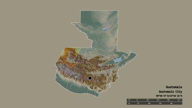 Başkenti, ana bölgesel bölümü ve ayrılmış Huehuetenango bölgesi ile Guatemala 'nın dejenere edilmiş şekli. Etiketler. Topografik yardım haritası. 3B görüntüleme