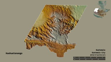 Huehuetenango 'nun şekli, Guatemala departmanı, sermayesi sağlam arka planda izole edilmiş. Uzaklık ölçeği, bölge önizlemesi ve etiketleri. Topografik yardım haritası. 3B görüntüleme