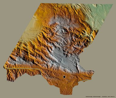 Huehuetenango 'nun şekli, Guatemala departmanı, sermayesi katı renk arkaplanı ile izole edilmiş. Topografik yardım haritası. 3B görüntüleme