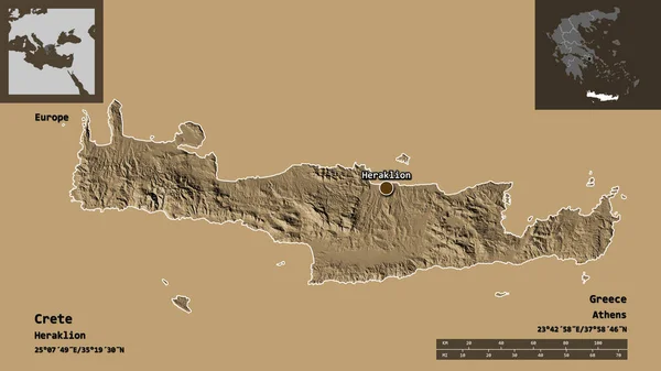 克里特岛的形状 希腊的分权管理及其首都 距离刻度 预览和标签 彩色高程图 3D渲染 — 图库照片